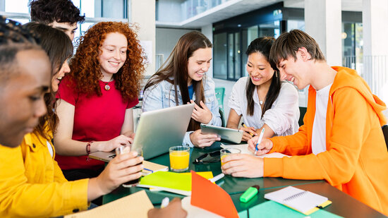 Gruppe von Schülerinnen und Schülern arbeiten gemeinsam an einem Projekt