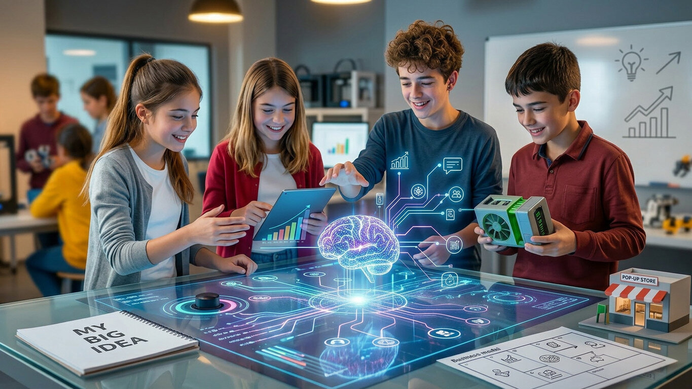 Eine Schülergruppe steht an einem Tisch und wählt aus dem leuchtenden Angebot der Künstlichen Intelligenz aus